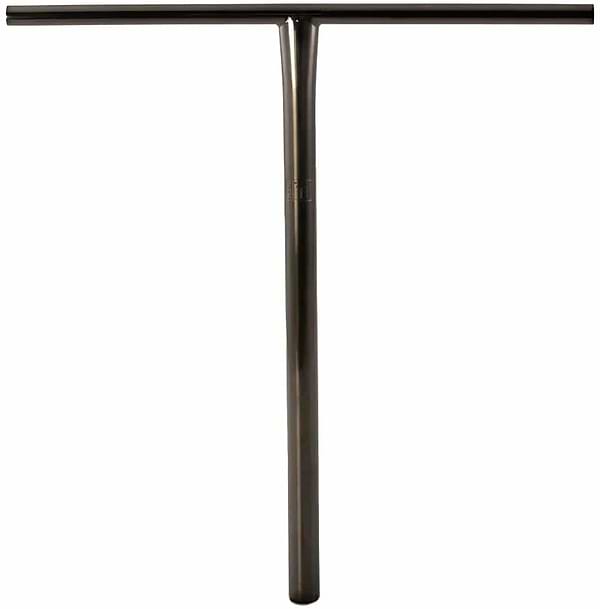 The Lucky Obsidian Titanium Oversized SCS Stunt Scooter T-Bar in black, measuring 610mm by 610mm, features a polished finish that captures the sleek and durable design characteristic of Lucky products, showcased against a simple white background.