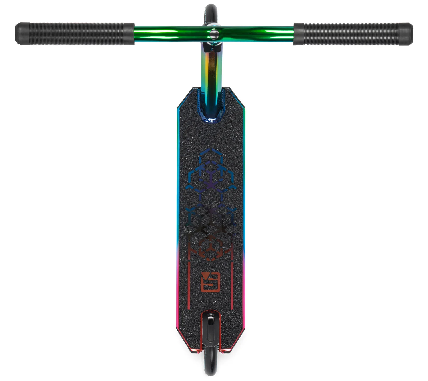 Top view of the Sullivan Antic V2 Complete Stunt Scooter by Sullivan, featuring black grip tape with geometric patterns, oil slick neochrome rainbow handlebars, and two small black wheels.