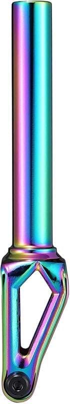 The Blunt Envy Diamond IHC Stunt Scooter Forks - Oil Slick Neochrome are crafted from CNC 6063 Aluminium and feature a sleek, metallic finish. The fork is designed with a cylindrical upper section and an angular lower section with a bolt hole. Its iridescent surface, reminiscent of Blunt Envy's iconic designs, reflects various hues for a vibrant appearance.