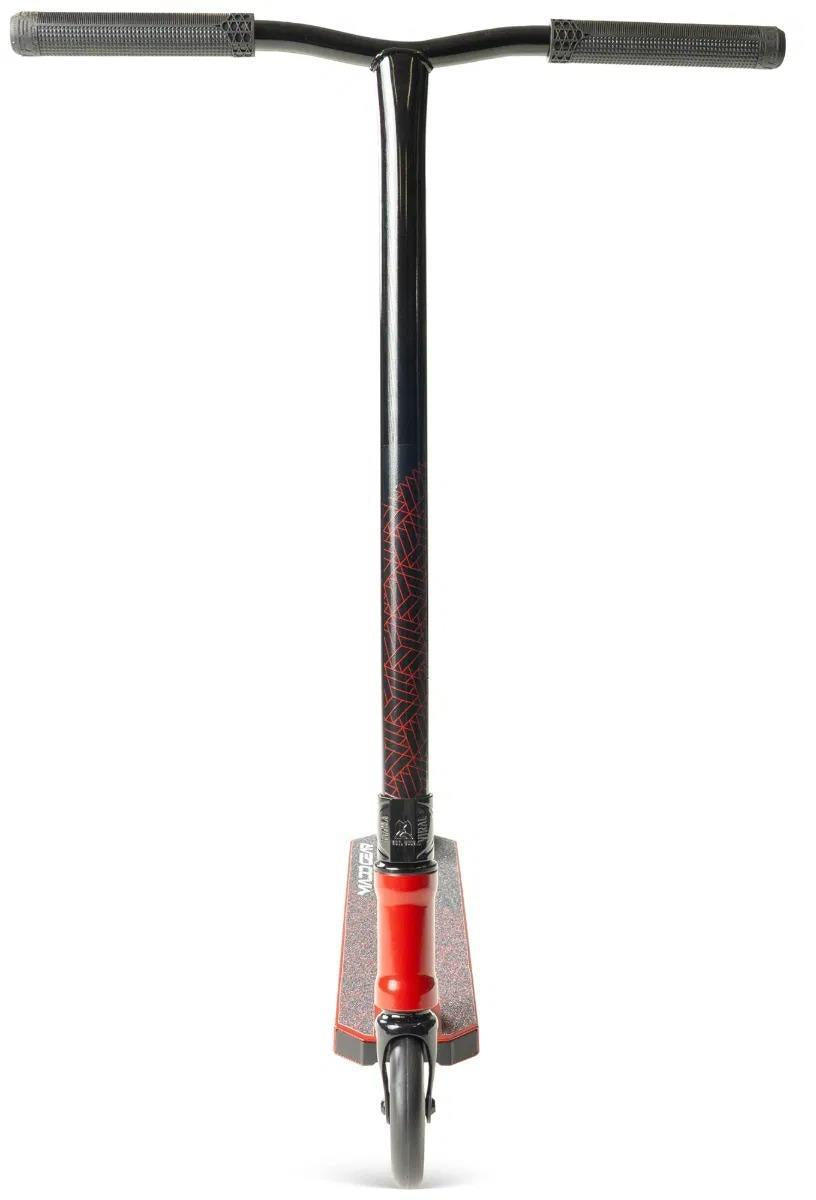 Front view of the Madd Gear Viral Purge Complete Stunt Scooter - Cherry, featuring textured grips, a T-shaped handlebar, single front wheel, and bold red grip tape—perfect for tricks at the skatepark.