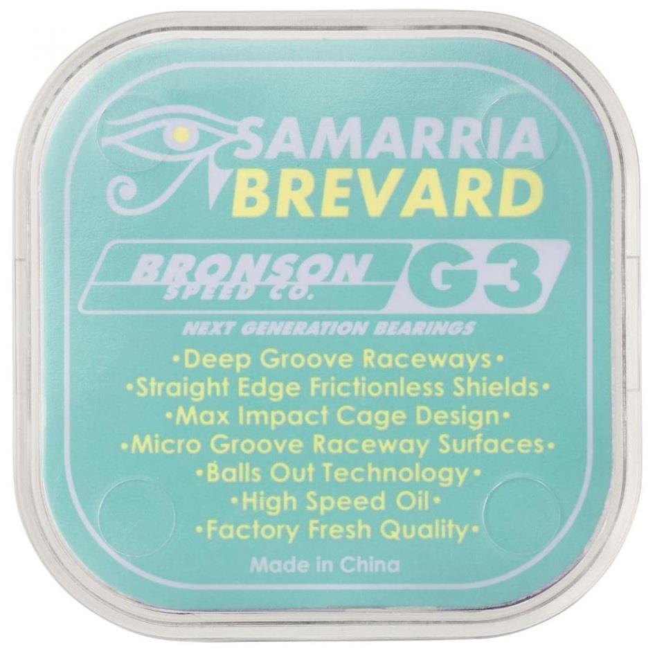 This teal container features the Bronson Samaria Brevard Pro G3 Skateboard Bearings, highlighting a collaboration with Samarria Brevard. It includes deep groove raceways, high-speed oil, and factory-fresh quality. Made in China by Bronson, it's a must-have for skate enthusiasts.