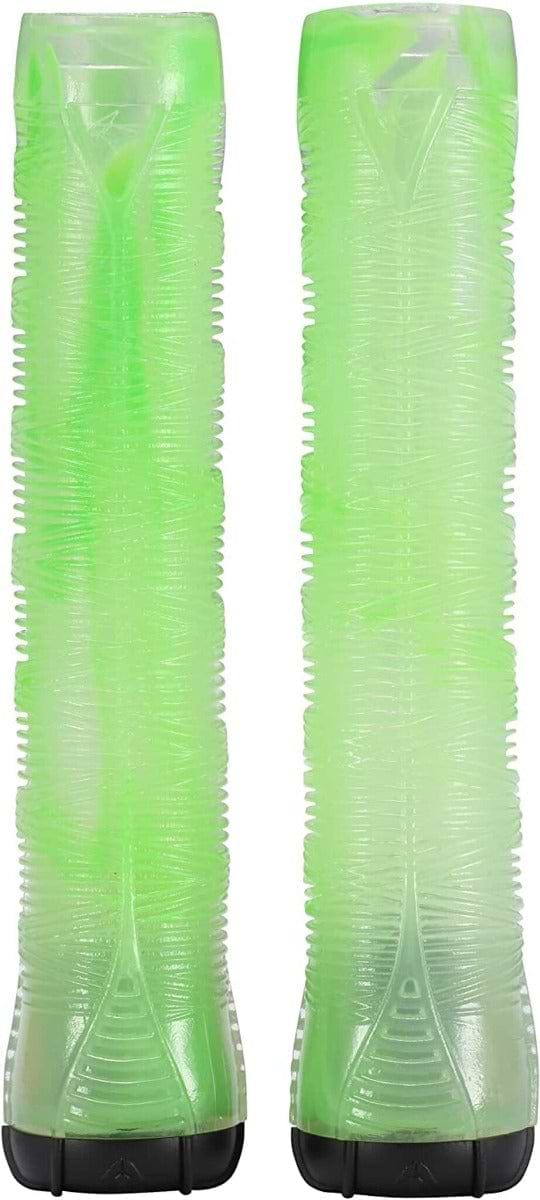 Two smoke green Blunt Envy Flangeless V2 160mm stunt scooter grips with textured surfaces stand upright. Made from durable Thermo Plastic Rubber, they have a ribbed design for enhanced grip and black ends for added durability, making them perfect as scooter grips.