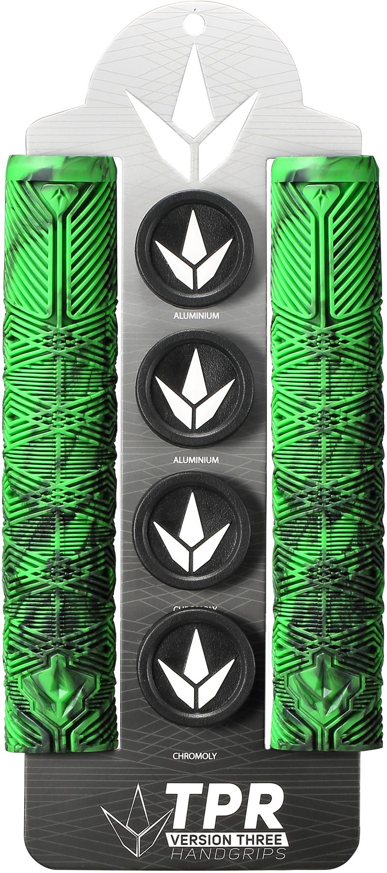 The Blunt Envy V3 Green/Black Stunt Scooter Grips (160mm) include two geometric-patterned grips and four black bar end caps labeled "ALUMINUM" and "CHROMOLY." Packaging states: "TPR Version Three Handgrips," ideal for stunt scooters.