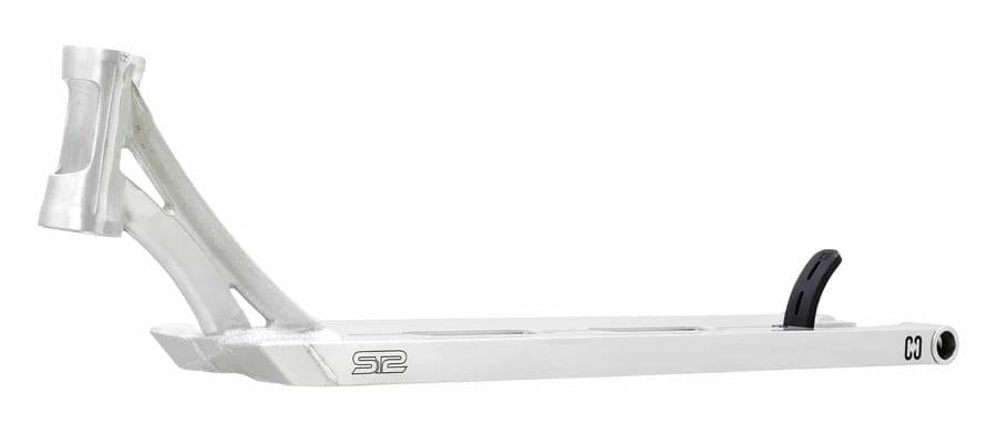 Image of a polished silver CORE ST2 Forged Street Stunt Scooter Deck with the label "S2" on the side. Manufactured by CORE, this 6" x 22" deck is crafted from 6061 aluminium, showcasing a sleek cut-out design and equipped with a black rear brake, ideal for freestyle and street riding enthusiasts.