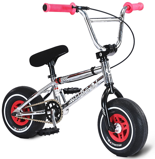 The Wildcat OG 3A Mini BMX Bike - Galaxy Red by Wildcat features thick black PRO Street 65PSI tyres, CNC aluminium red rims, black pedals and seat, and pink handlebar grips. Shown against a white background.