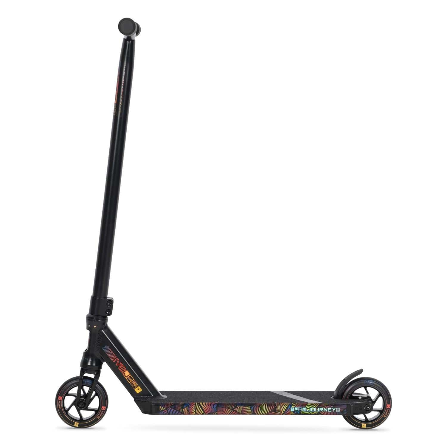 The Invert Supreme Journey 2.5 Jamie Hull Stunt Scooter - Berserk features a tall handlebar, small wheels, and a vibrant deck—ideal for intermediate riders. The colorful design includes the "Journey S1" print on the side.