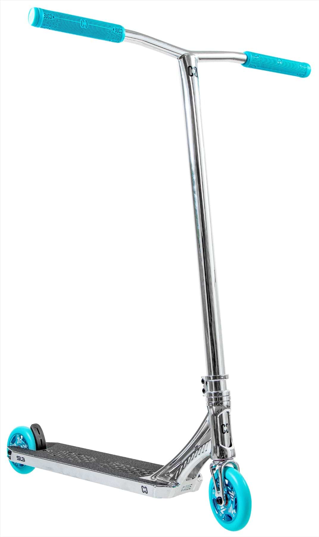 The CORE SL3 Complete Stunt Scooter by CORE features a chrome finish with teal handlebar grips and wheels. Its textured deck ensures grip, making this lightweight scooter ideal for skateparks. Seen at an angle on a white background.