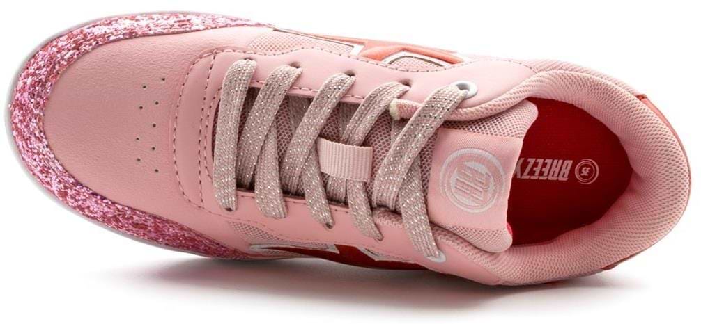 The Breezy Rollers Star Shoes - Pink by Breezy Rollers feature sparkly pink laces, a glittery pink toe cap, a red insole with white logos, and a patented wheel system—all viewed from above.