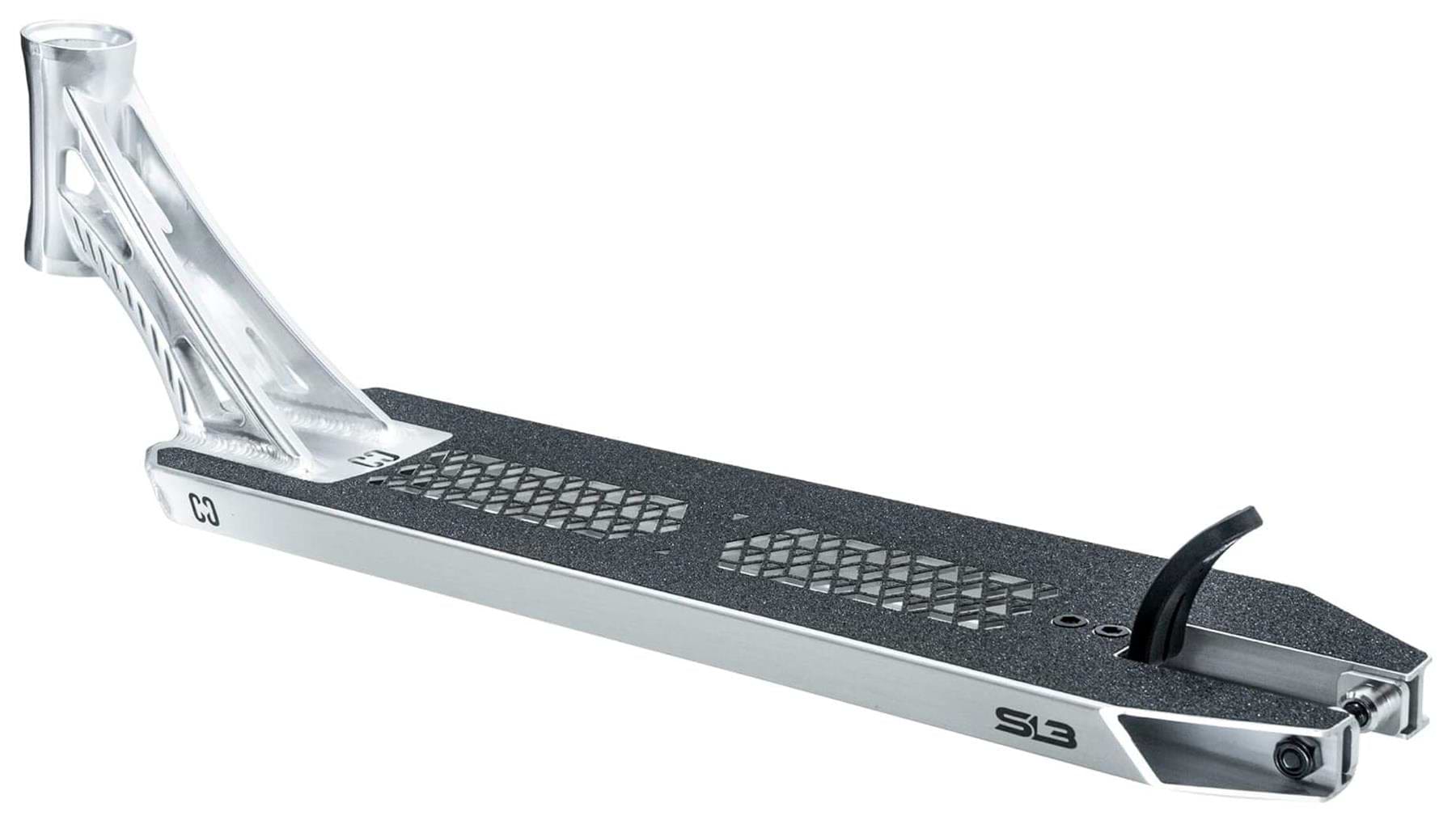 The CORE SL3 Forged Polished Stunt Scooter Deck (5.25" x 19.3"/20.5") by CORE features black grip tape, geometric cutouts, an integrated front handle, S3 side label, and a curved rear brake—perfect as a park scooter deck.