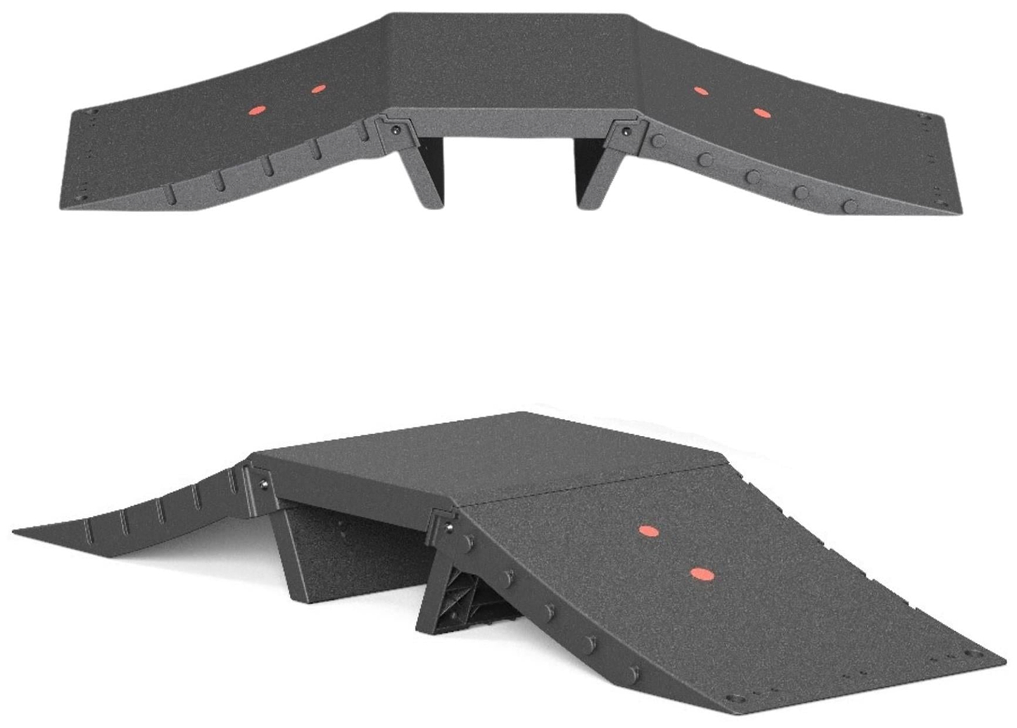 Two views of a black CORE Mini Funbox Connector ramp with side wings and two red dots, featuring angled edges and textured surfaces. Shown from the front and side, this modular ramp is compatible with other CORE setups.