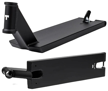 Two views of the Tilt Stage I Pro Black Stunt Scooter Deck by Tilt (6" x 21.5"): one shows the headtube from above, the other displays the flat underside, rear wheel slot, and adjustable flex fender. Made from anodized 6000 series aluminium.