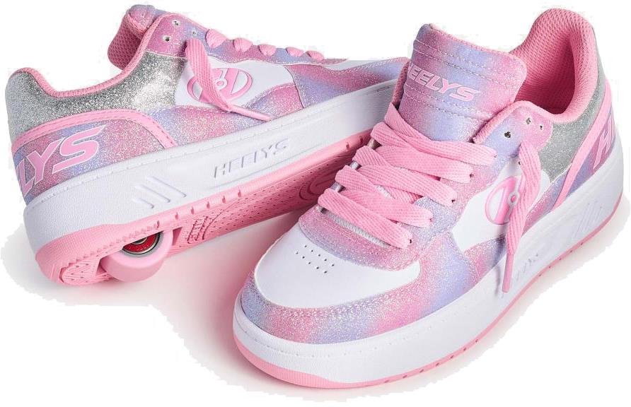 Heelys Rezerve Low Girls Shoes by Heelys, in light pink, white, and rainbow colors with pink laces and a heel wheel, are shown against a white background.