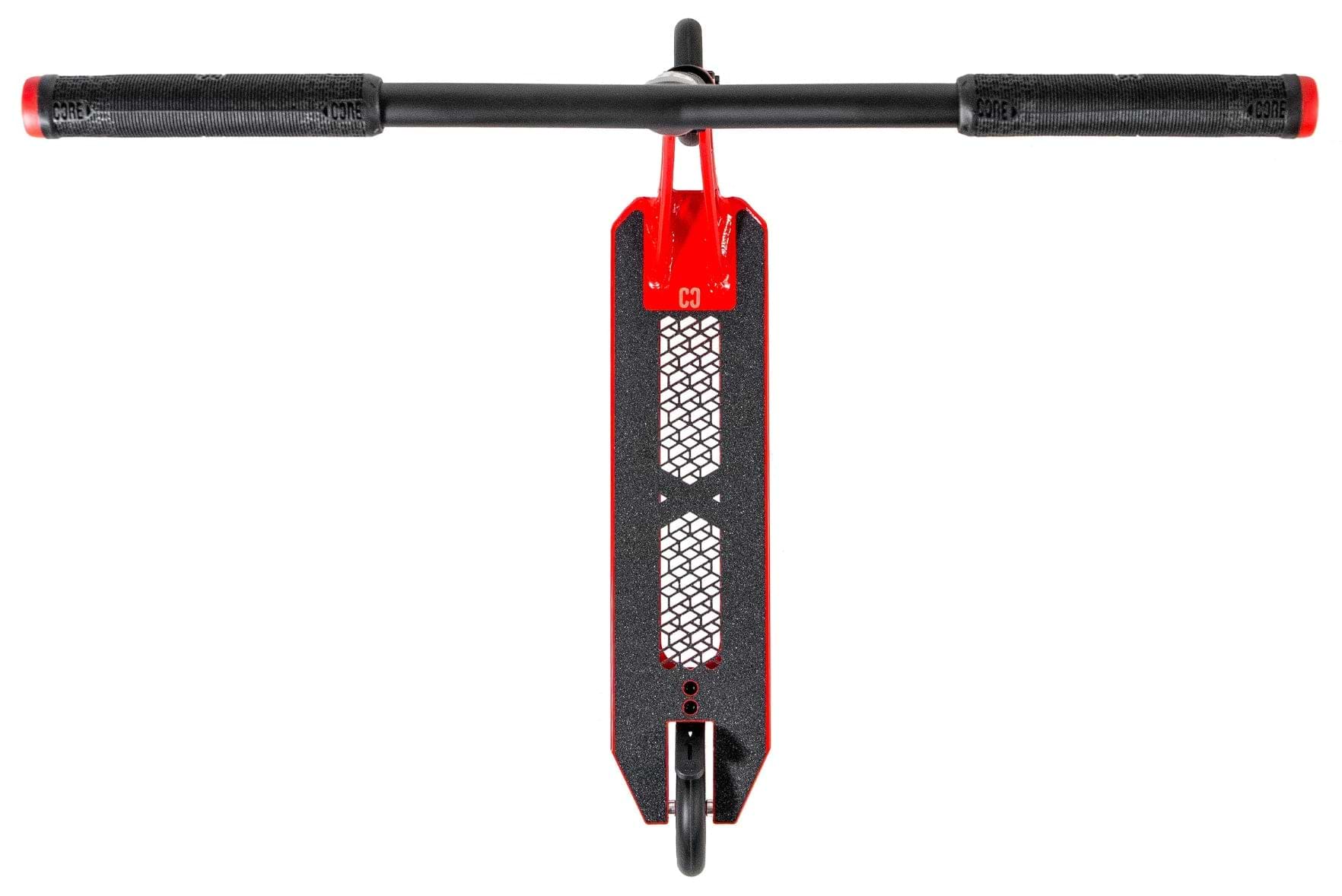 Top view of the CORE SL3 Complete Stunt Scooter by CORE in red and black, featuring a lightweight handlebar with textured grips and a deck with hexagonal grip pattern plus a single front wheel.