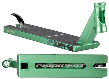 The Lucky Prospect 2025 Mint Stunt Scooter Deck (5" x 19.5") features bold branding, black grip tape, and angular cutouts. Made from durable Aluminum 6000 Series, it’s ideal for advanced riders and shown from two dynamic angles.