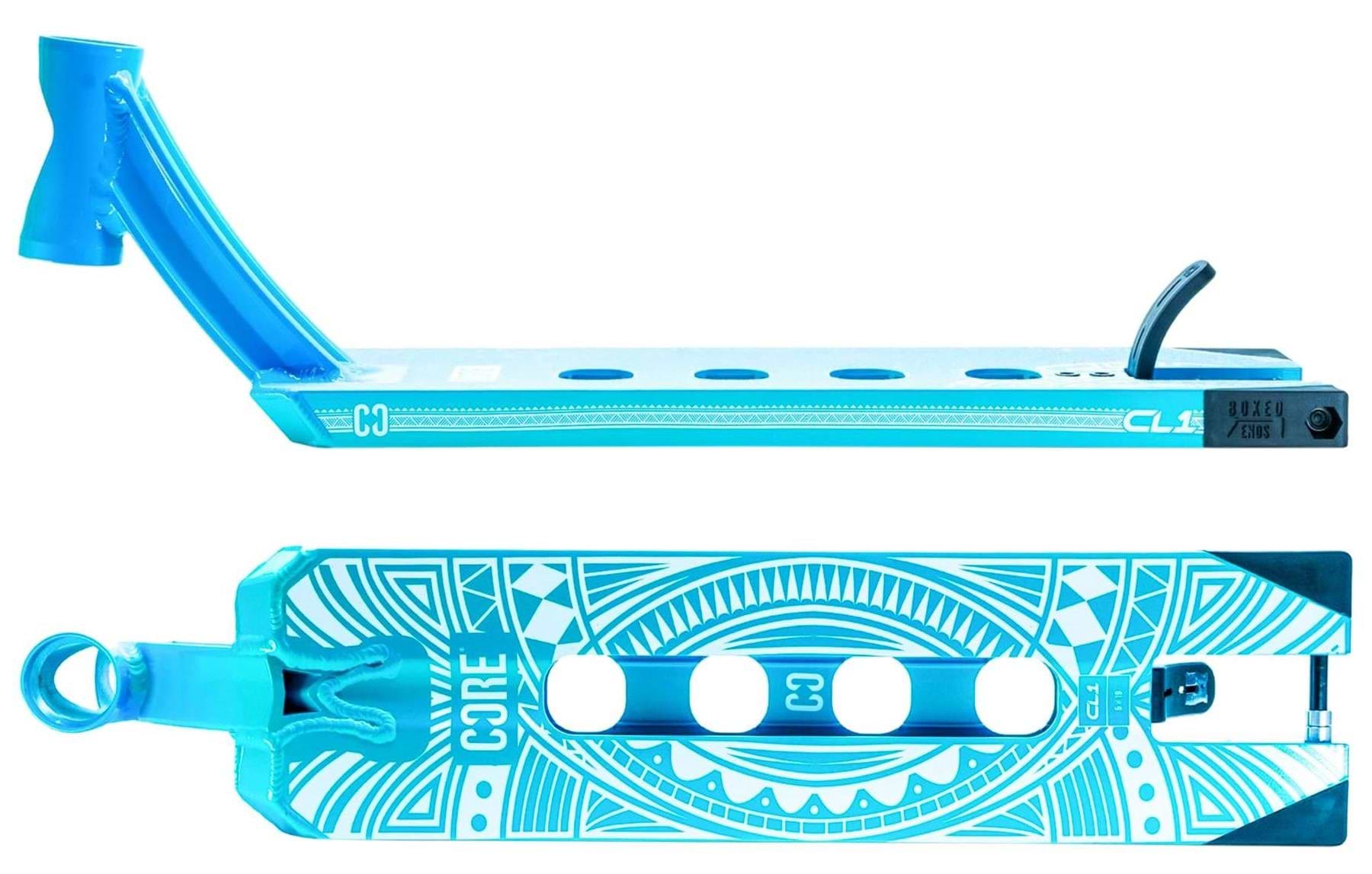 The CORE CL1 Teal "Turtlesent" Stunt Scooter Deck (5" x 19") by CORE is shown from the side and top. The top has geometric white patterns and cutouts, while the side view features a slanted head tube and rear brake for park riding.