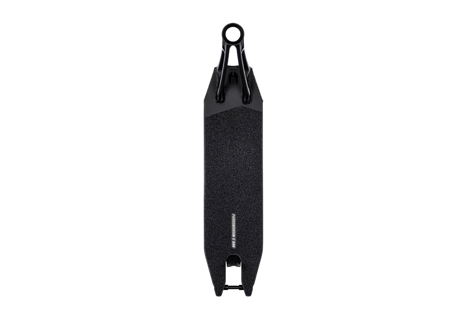 A top view of the Ethic DTC Pandemonium V2 Black Stunt Scooter Deck reveals its dark, textured surface and attachment loop. This ultra-lightweight scooter deck features a minimalist design with clean lines and a matte finish, making it one of the lightest options available.