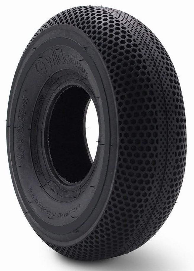 The Wildcat OG 3A Mini BMX Bike - Royal Red Bull by Wildcat features a black, airless tire with a honeycomb tread, built for durable performance; displayed upright on a plain white background.