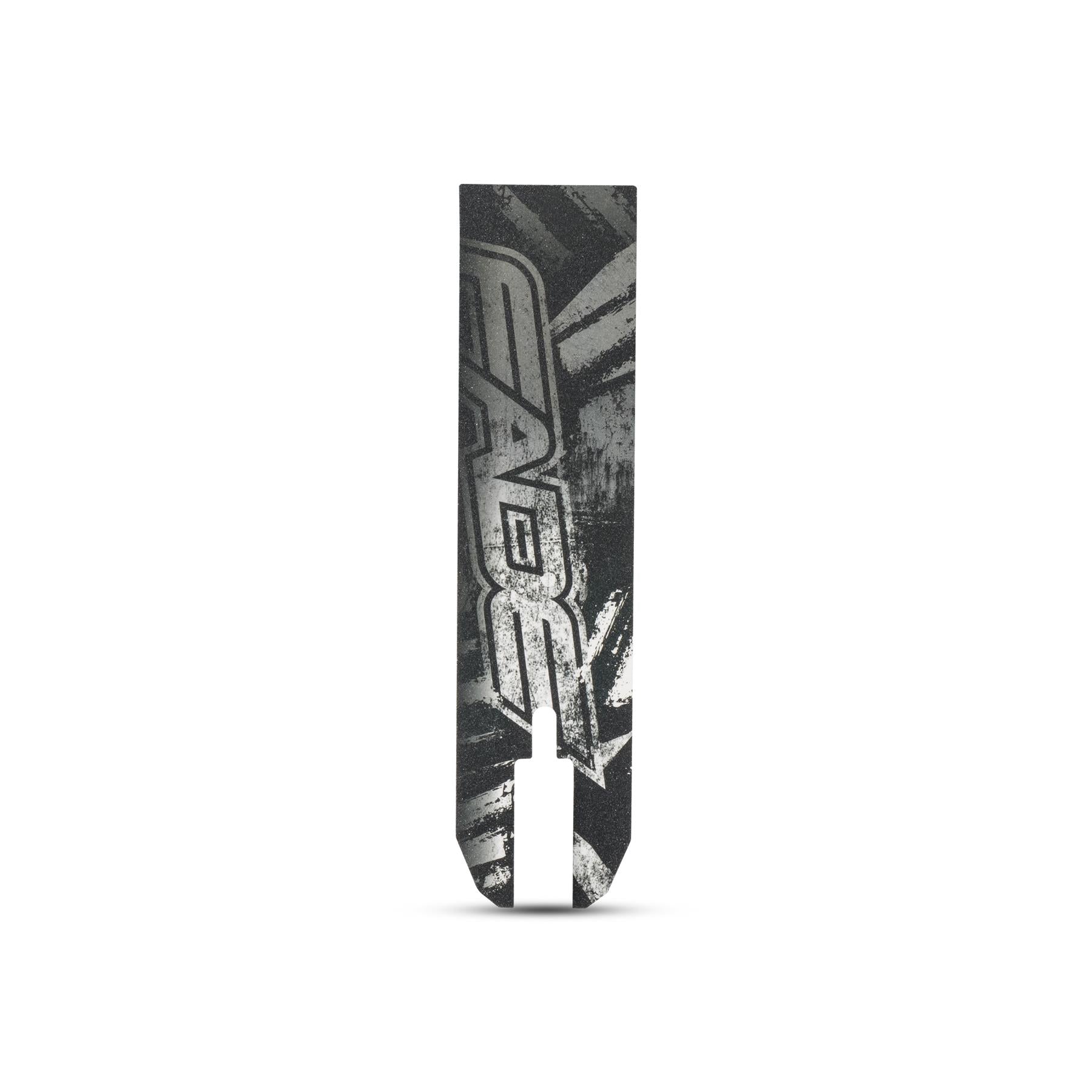 The Legacy Fade Complete Stunt Scooter in black and grey features a bold, distressed "EASE" graphic with angular designs—ideal for skatepark sessions. Displayed vertically on a white background. Brand: Legacy.