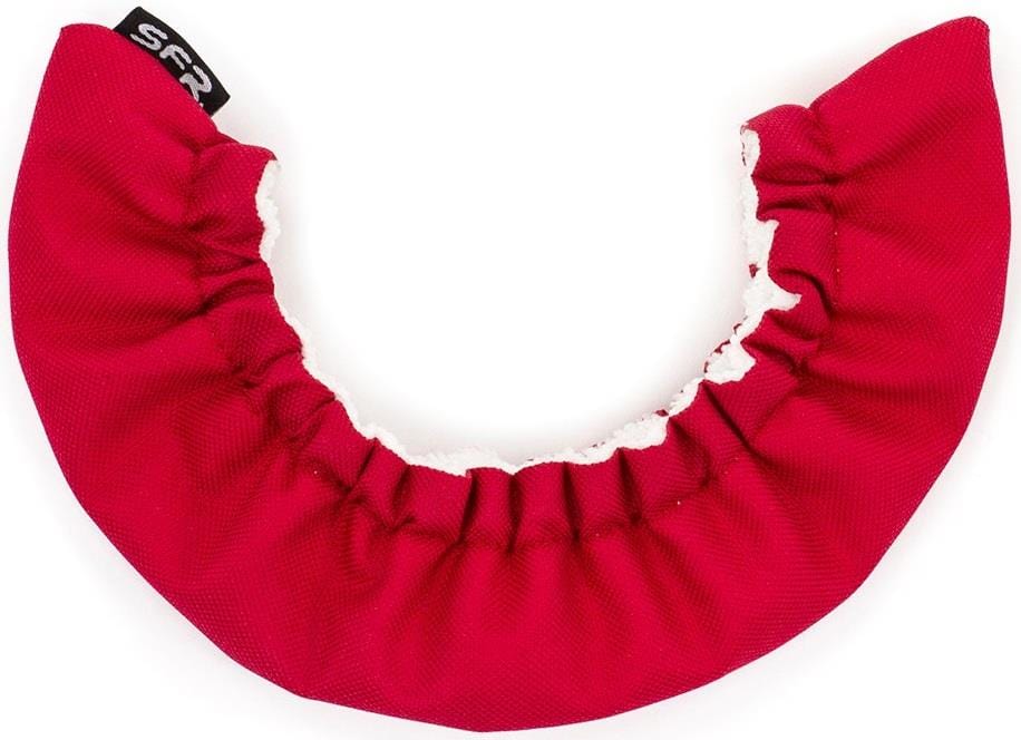The SFR Ice Skate Blade Soakers in red feature a ruffled texture, providing protection and moisture absorption with absorbent microfiber. They include a small black tag with white lettering on one end for easy identification.