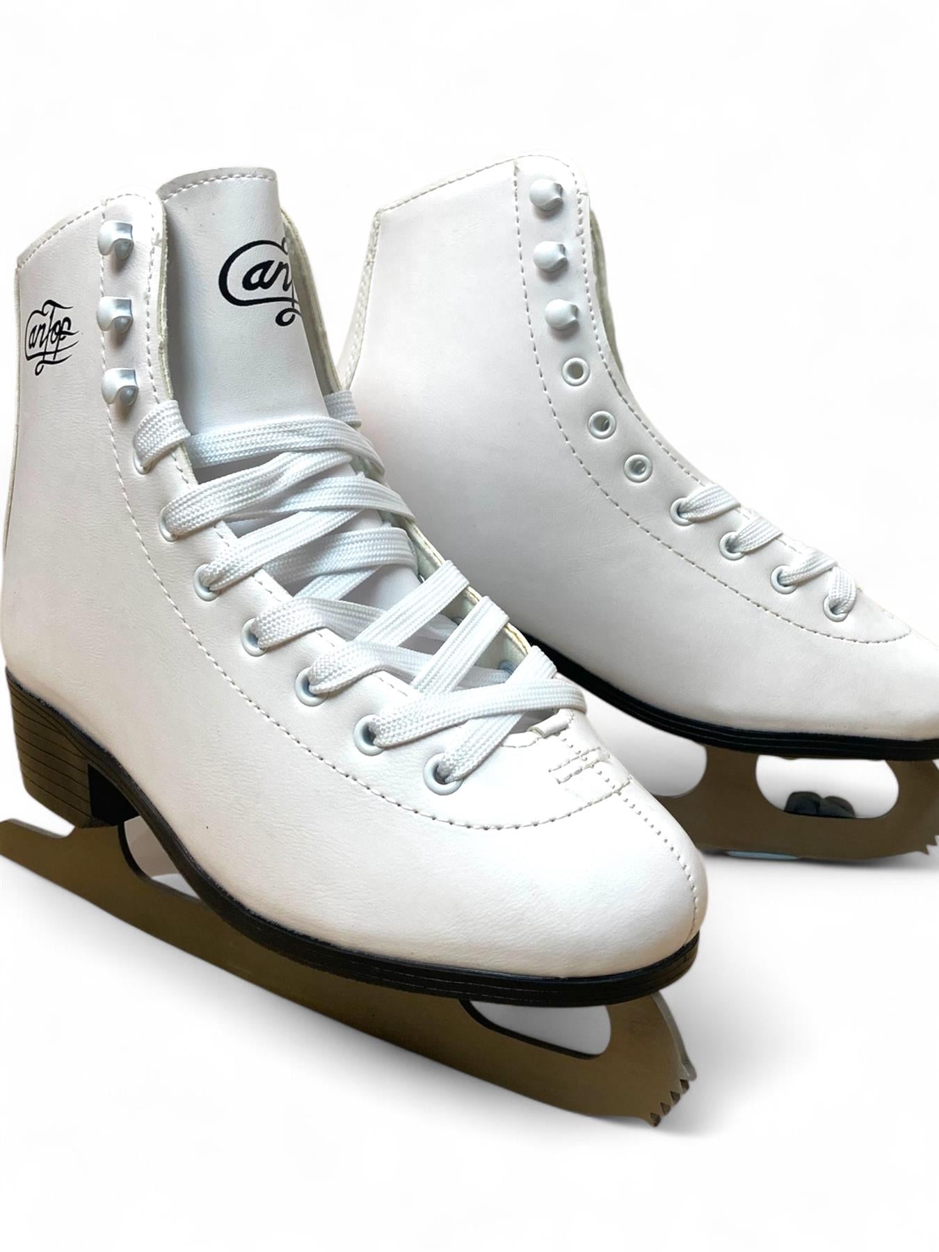 The Supreme Cantop Junior Figure Ice Skates by Supreme feature white synthetic leather boots, laces, and stainless-steel blades, shown on a white background.