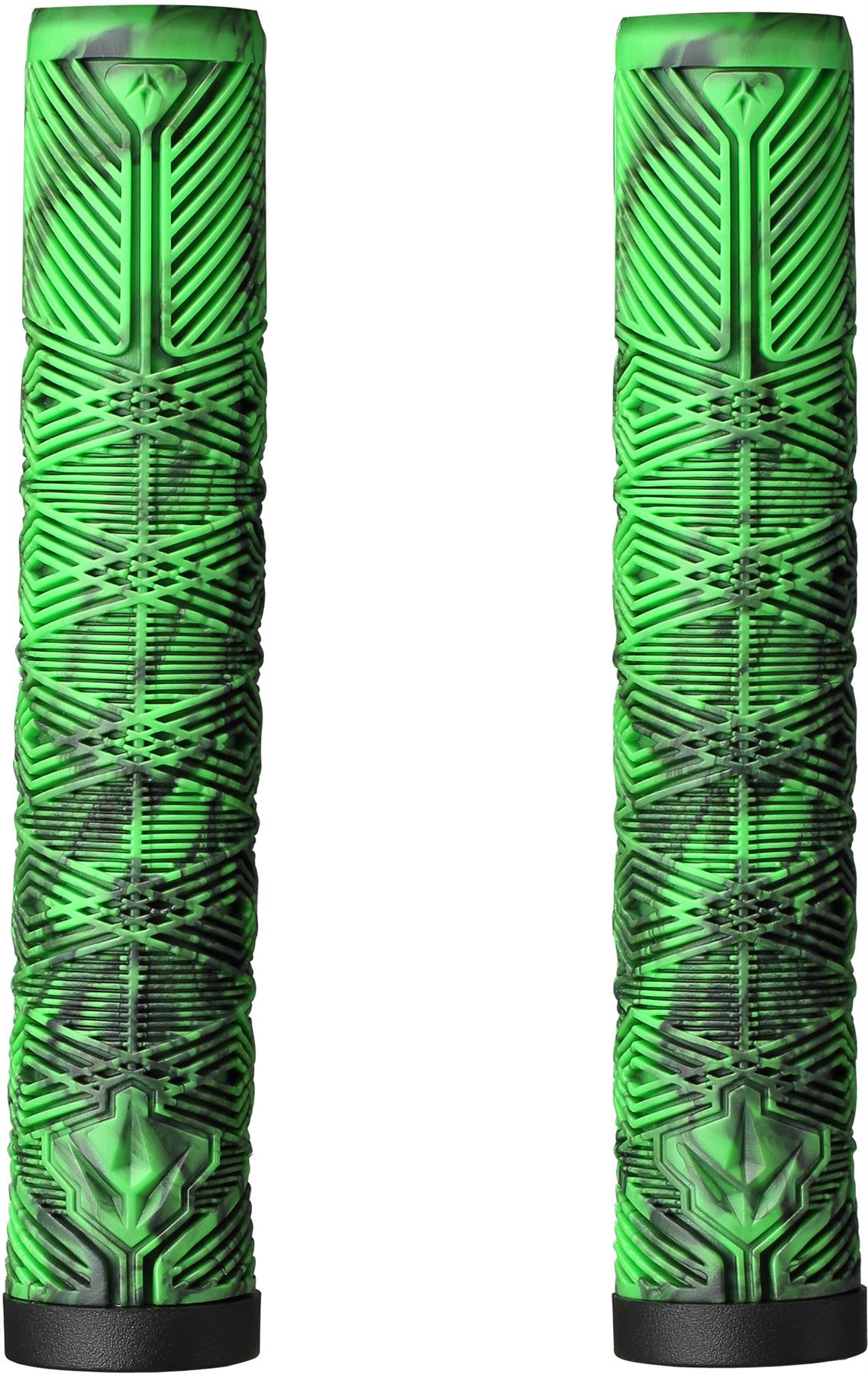Two Blunt Envy V3 Green / Black Stunt Scooter Grips (160mm) are shown upright with geometric patterns and black end caps—essential for enhanced grip and control.