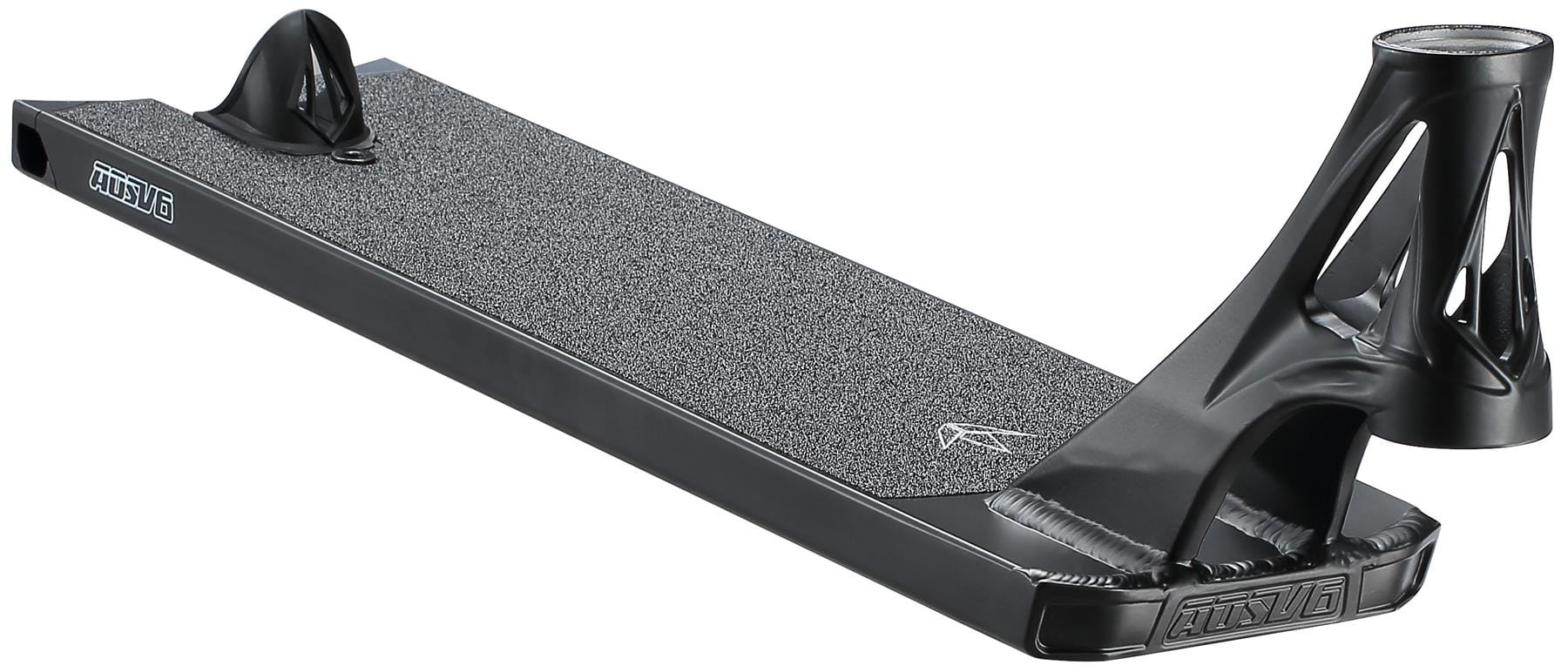 The Blunt Envy AOS V6 Squad Black Stunt Scooter Deck (5.5" x 22") features textured grip tape, an angled rear brake, and an open-frame headtube for easy handlebar attachment.