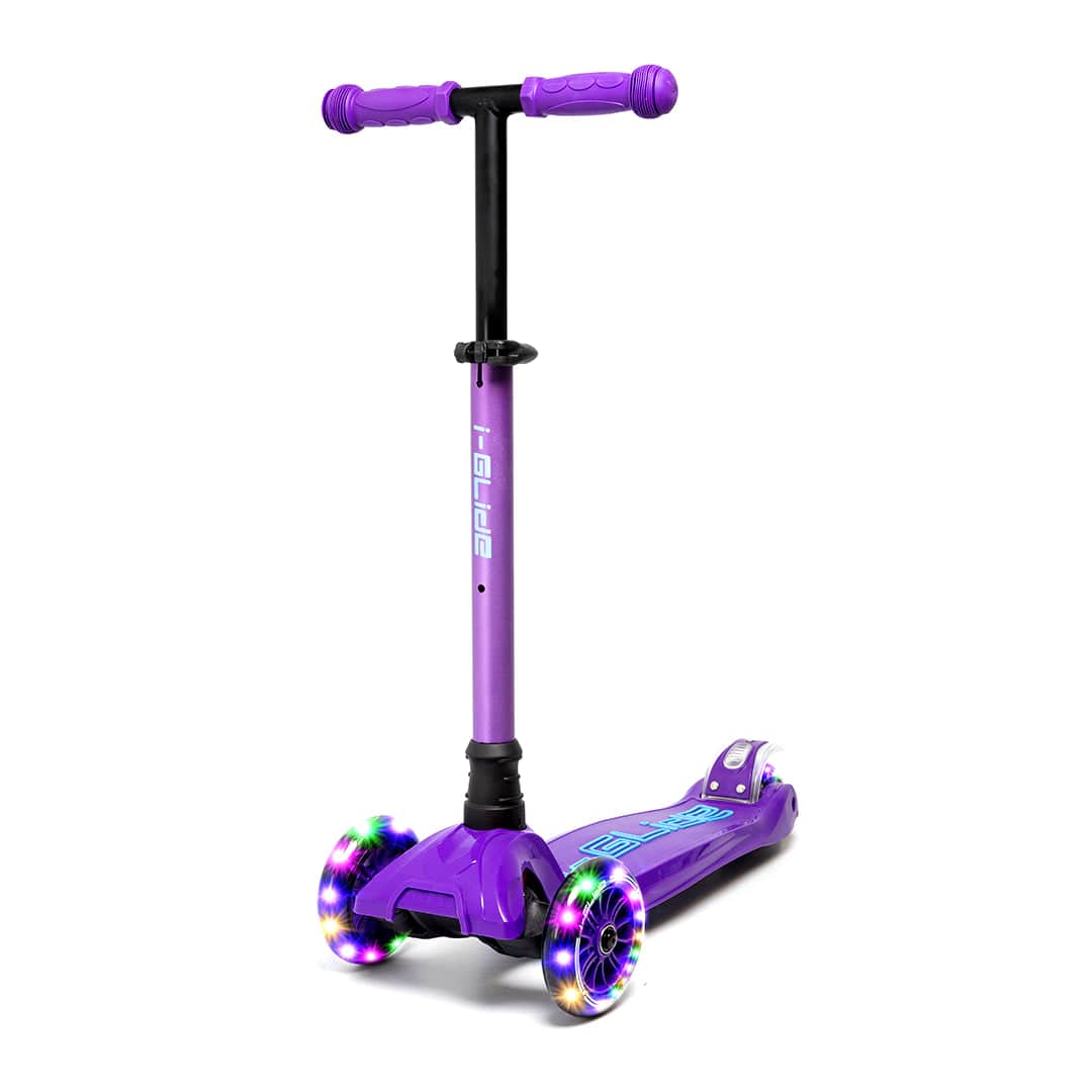 The I-Glide 3-Wheel LED Kids Scooter in Purple / Blue features a black adjustable handlebar and vibrant LED lights in the wheels, displayed against a crisp white background.