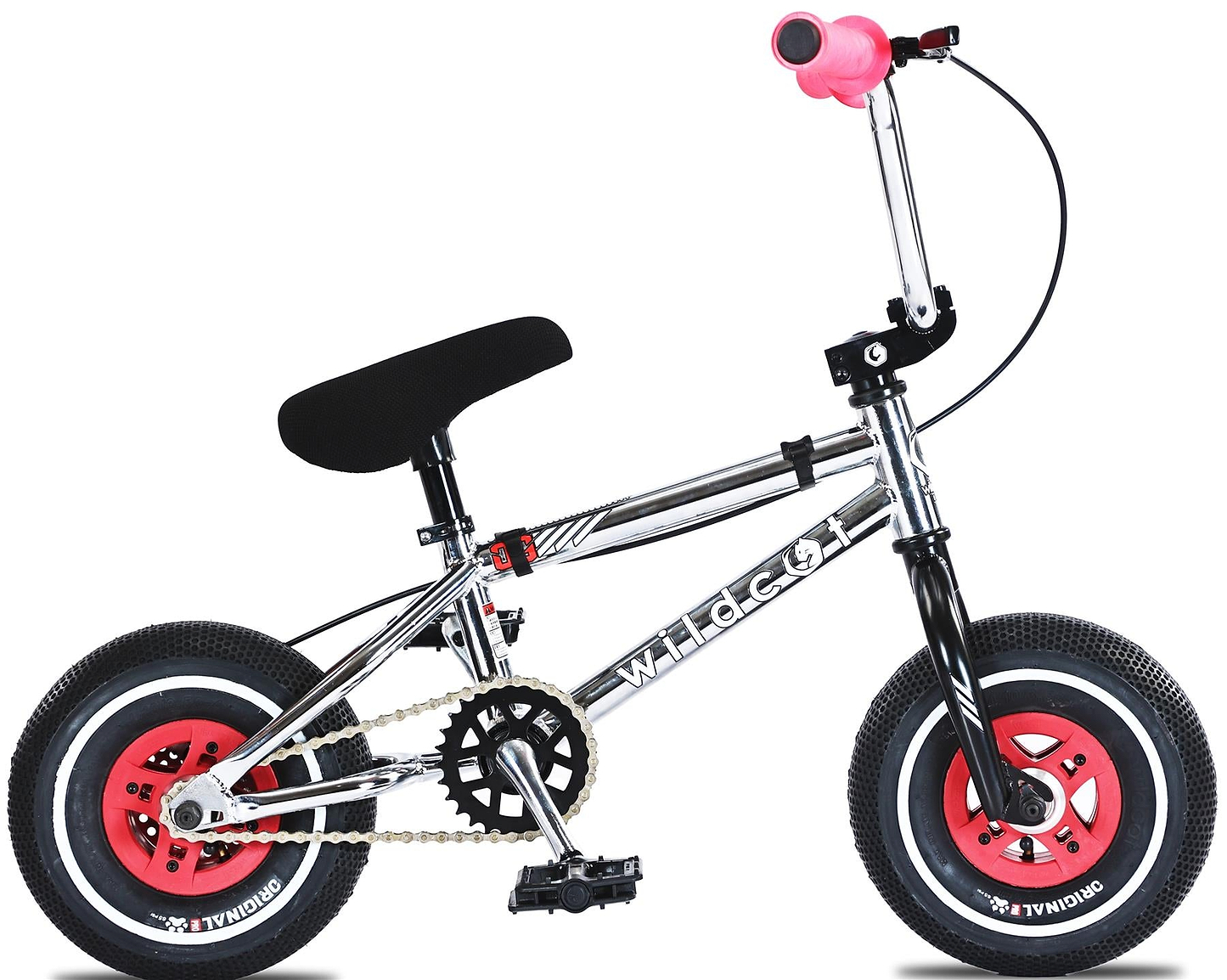 The Wildcat OG 3A Mini BMX Bike - Galaxy Red features a chrome frame, black seat, and handlebars with one pink grip. It comes with PRO Street 65PSI tyres, CNC aluminium rims, and bold "WILD GO" lettering on the frame.