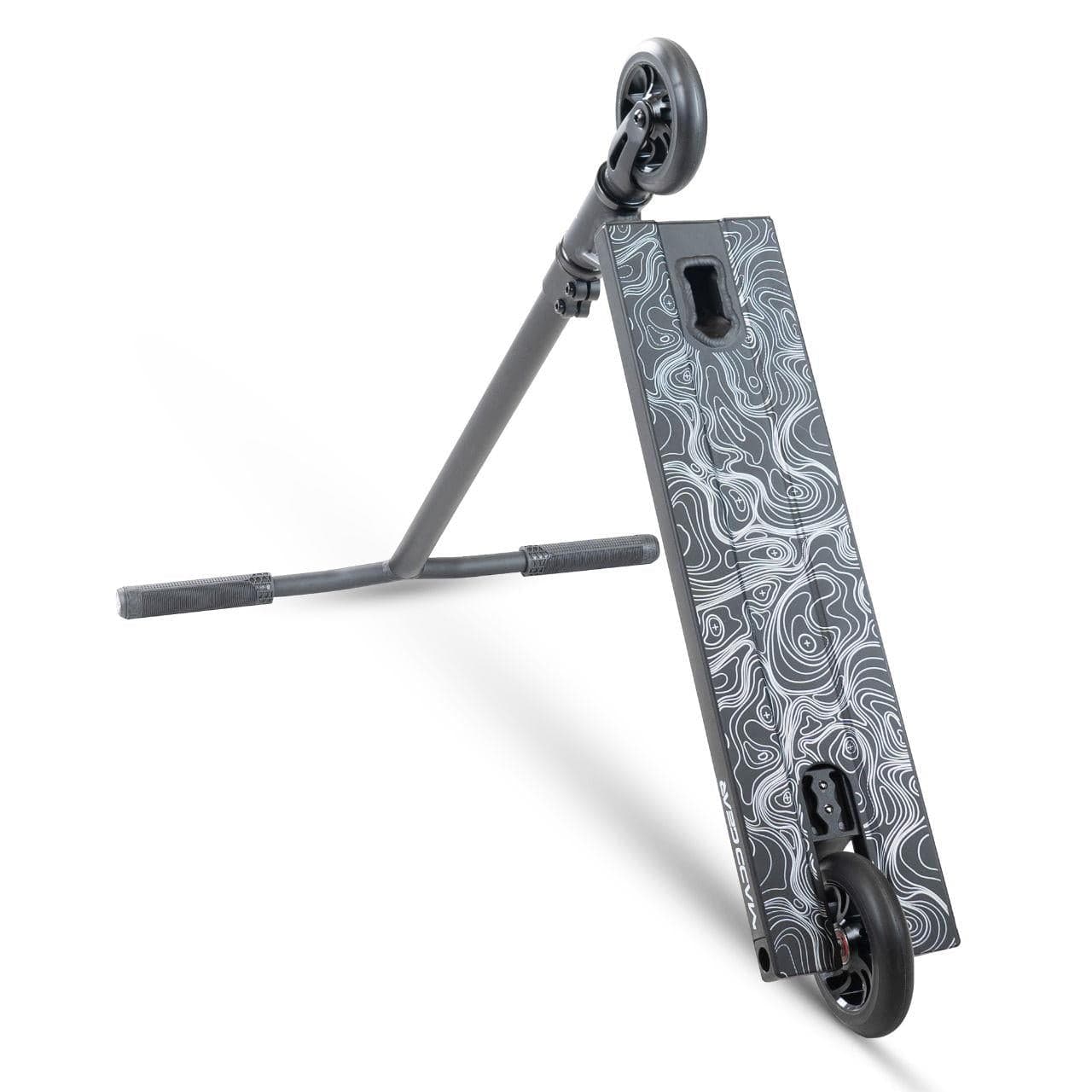 The Madd Gear MG 4 Titan Complete Stunt Scooter - Black features a white contour map deck, angled up with high-speed ABEC-9 chrome bearings for smooth rides. Brand: Madd Gear (MGP).