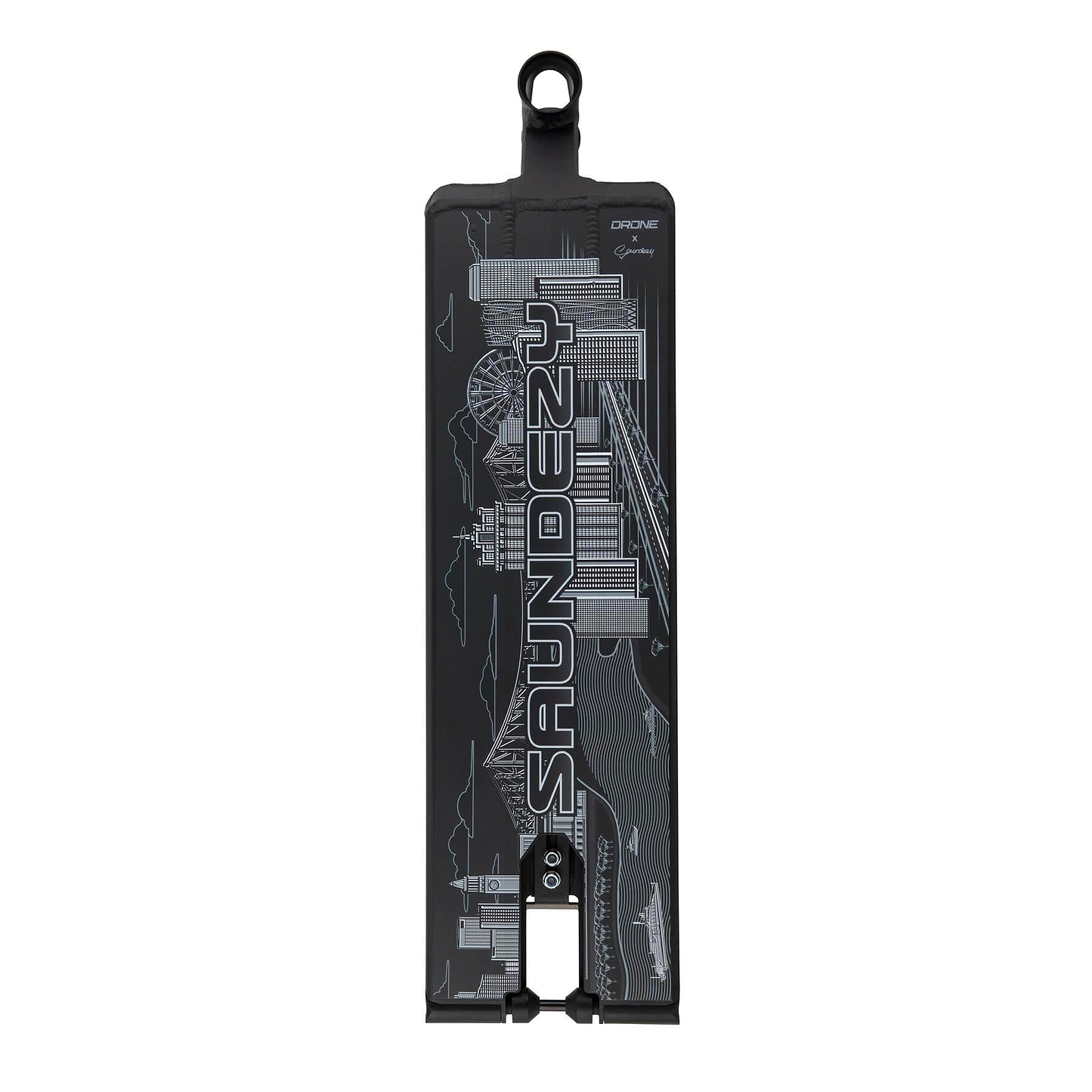 The Drone Nexus 'Saundezy' black signature stunt scooter deck features a stylish cityscape design with "SAUNDEZY" and offers a sturdy rectangular shape with a convenient top mounting hole for style and performance.