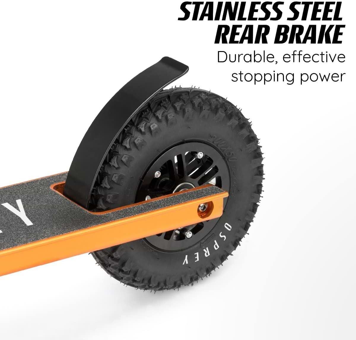 Close-up of the Osprey Complete Dirt Scooter - Copper’s rear wheel with a stainless steel brake. Text reads: “Stainless steel rear brake. Durable stopping power.” Off-road-ready black knobby pneumatic wheel by Osprey.