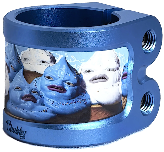 The Chubby Gnasher 2 Bolt Oversized Scooter Clamp - Ice Cream by Chubby features a blue metallic finish with illustrated blue, purple, and white dollop-shaped creatures and is made from durable 7075-T6 aluminium.