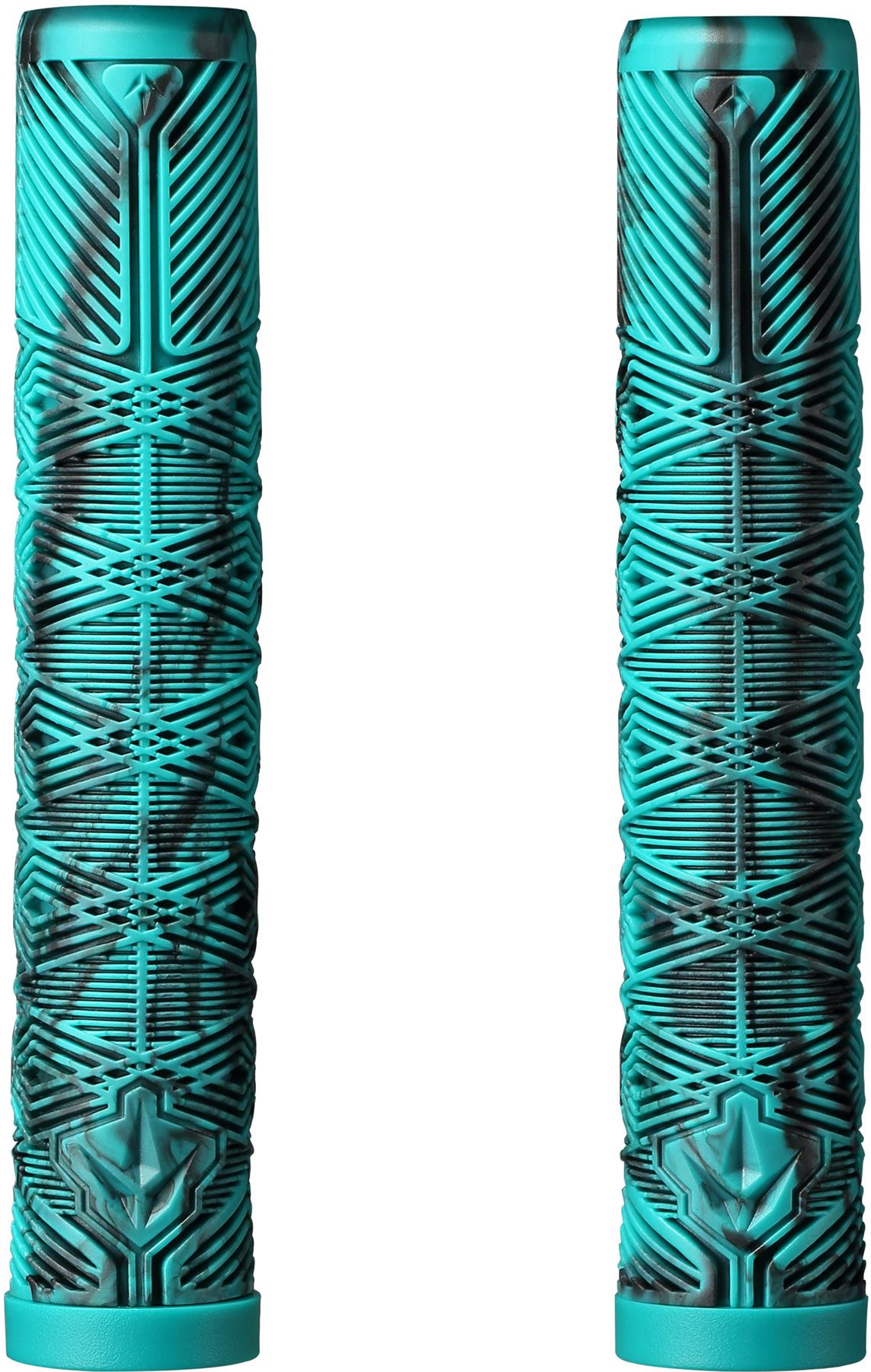 Two Blunt Envy V3 Black / Teal Stunt Scooter Grips (160mm) stand upright side by side on a white background—stylish accessories from Blunt Envy with unique patterns and black accents.
