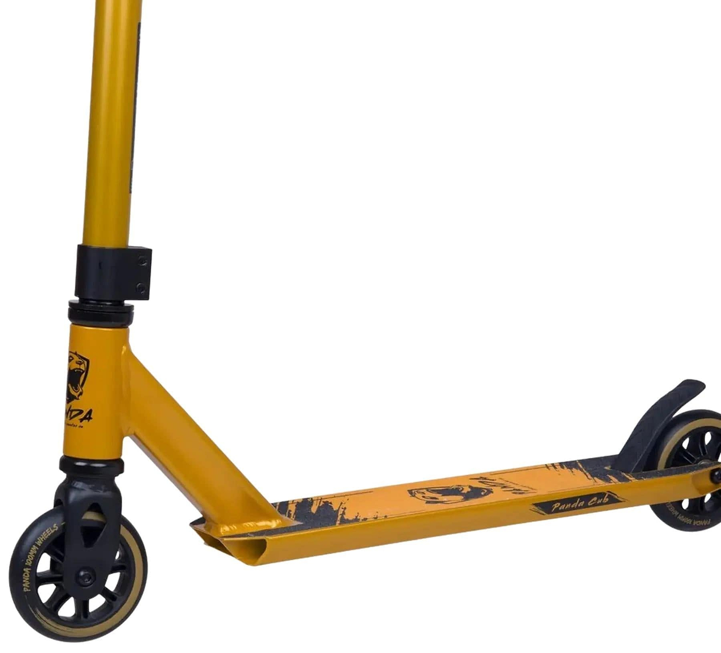 The Panda Cub Complete Stunt Scooter - Gold Painted by Panda is ideal for junior riders, featuring black wheels, a reinforced deck, bold graphics, a sturdy metal frame, and a black rear-wheel grip—perfect for kids ready to learn new tricks.