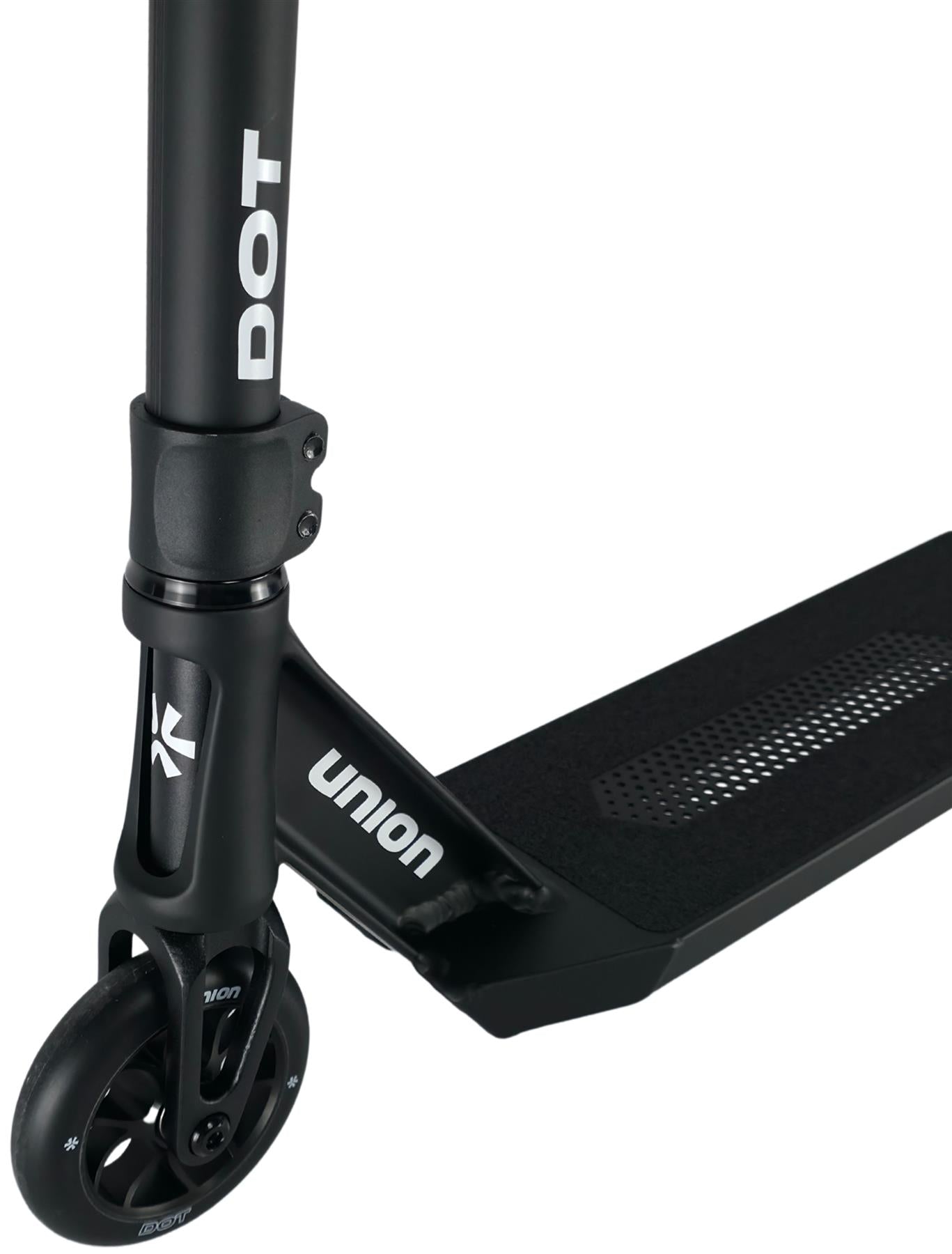 Close-up of the Union Dot Complete Stunt Scooter - Black by Union, highlighting the front wheel, fork, and textured deck with visible "DOT" branding, showcasing its lightweight build and sleek design.