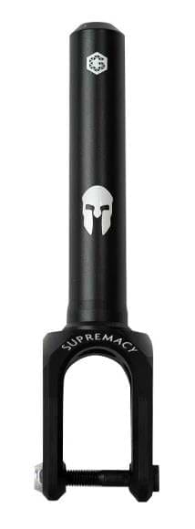 The Supremacy Spartan SCS/HIC Stunt Scooter Forks showcase a stylish matte black finish with a Spartan helmet logo and the brand name "SUPREMACY" elegantly printed. Made from high-grade aluminum, they are lightweight and designed for smooth rides.