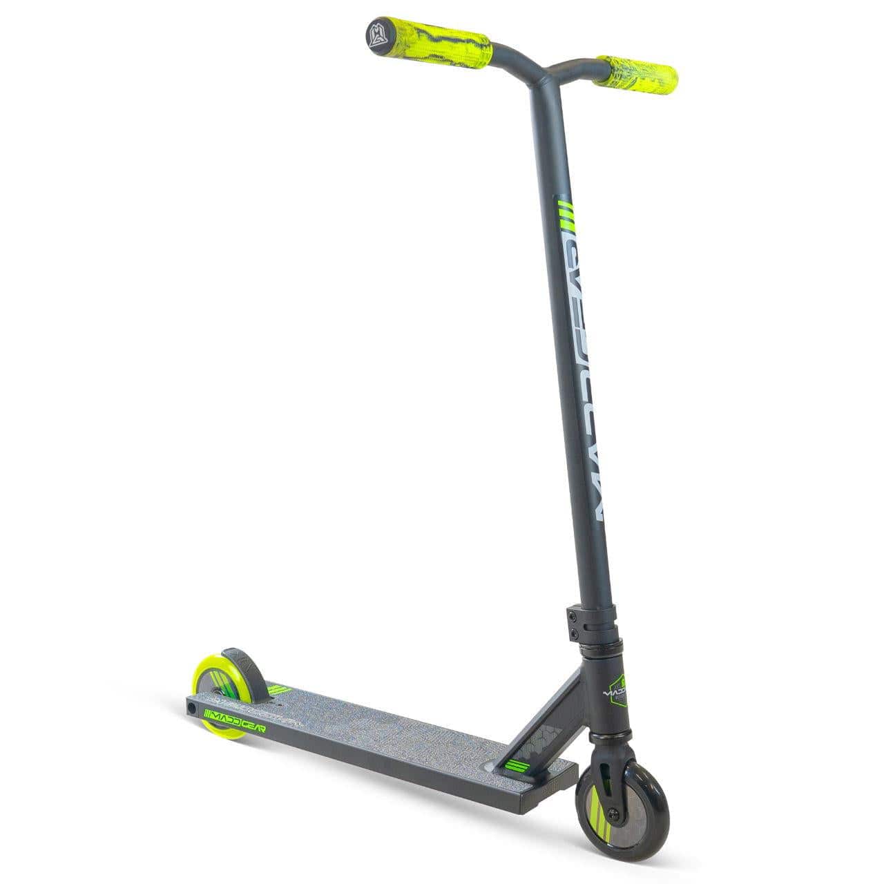 The Madd Gear (MGP) MG 3 Zen Complete Stunt Scooter in Black/Lime features a wide handlebar, neon lime grips and wheels, and bold brand logos on the deck and stem—ready for your next stunt, displayed on a white background.
