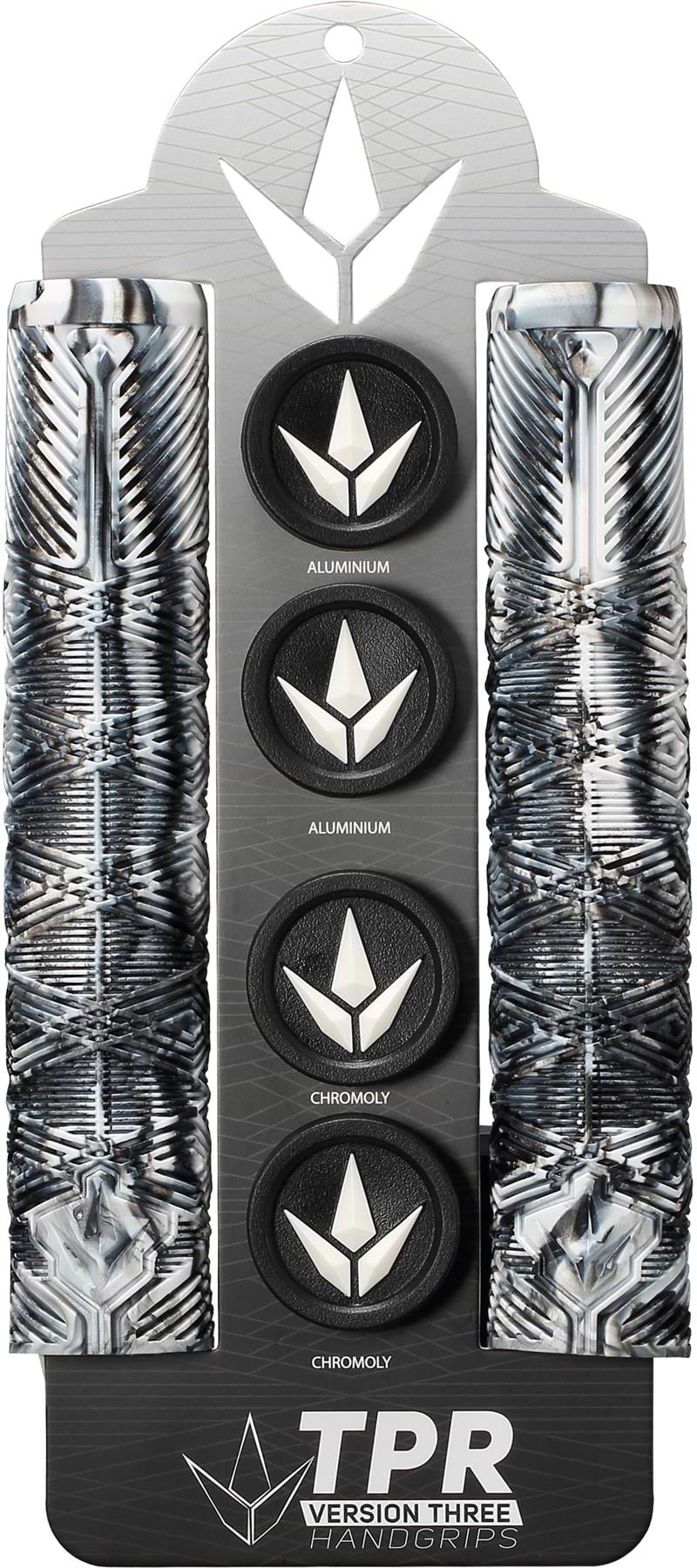 Blunt Envy V3 Black / White Stunt Scooter Grips (160mm), featuring branded packaging and four round end caps labeled “Aluminium” and “Chromoly.”.