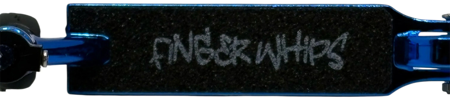 Close-up of the Finger Whips Finger Toy Scooter - Blue Chrome deck, featuring black grip tape with "FINGER WHIPS" in white graffiti-style font and metallic blue chrome sides.