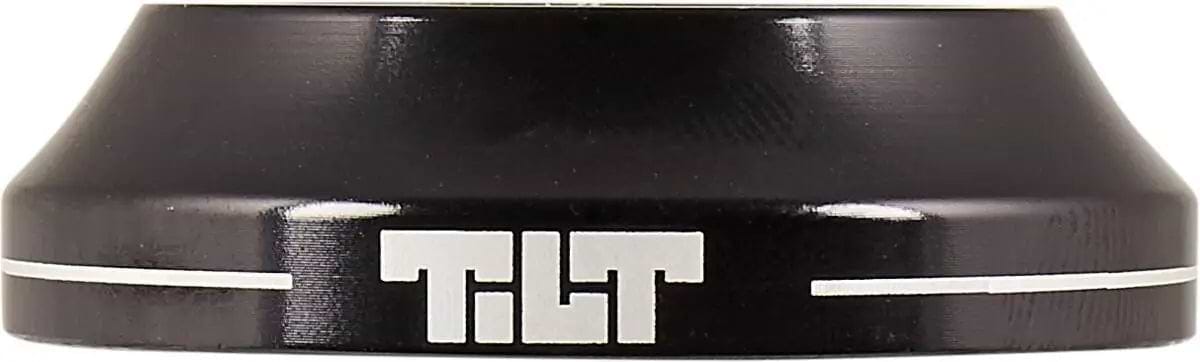 The Tilt Tall Stack Integrated Stunt Scooter Headset in black is a cylindrical metal part with white horizontal lines and "TILT" in bold white letters, compatible with campy spec bearings.