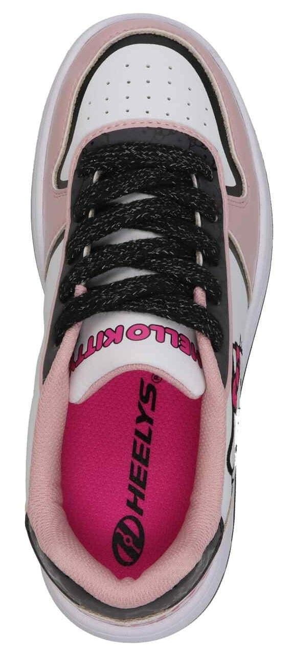Top view of Heelys x Hello Kitty Kama HKC Girls Shoes in light pink, black, and white, featuring Hello Kitty branding on the tongue, a Heelys logo on the pink insole, and black laces with white speckles. Brand: Heelys.