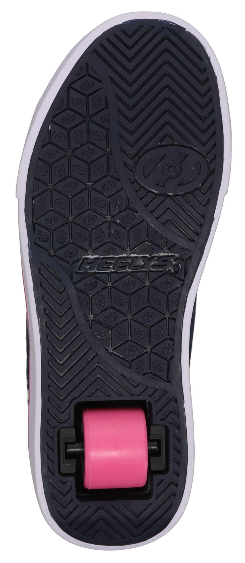 The image shows the black rubber sole of a Heelys Veloz Girls Shoe in Denim/Rainbow, featuring tread patterns, a pink low-profile wheel near the heel, and Heelys branding at the center.
