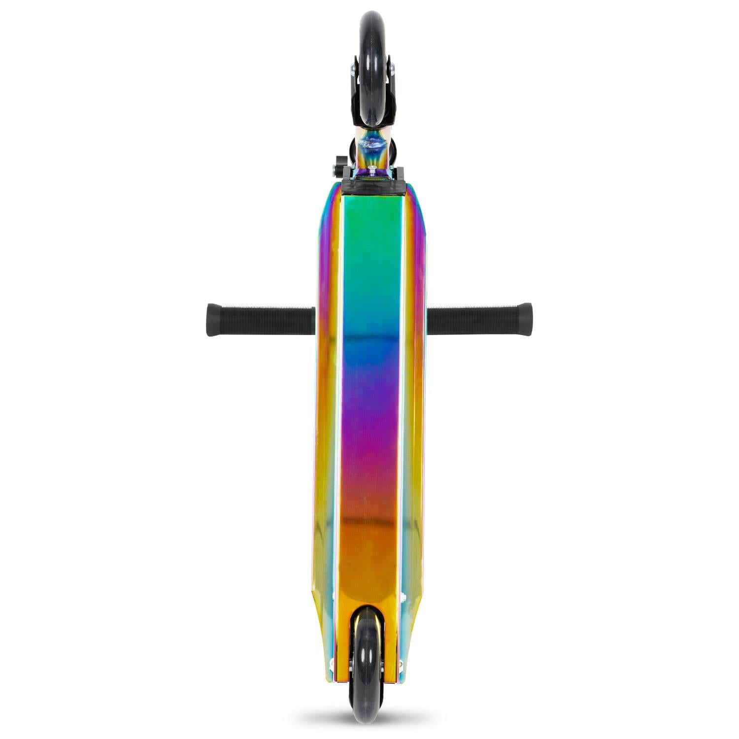 The Rampage Light Up Foldable Kick Scooter - Neochrome / Black features black handlebars, vibrant LED wheels, and a striking metallic rainbow neochrome finish, combining style with functionality for an eye-catching ride.