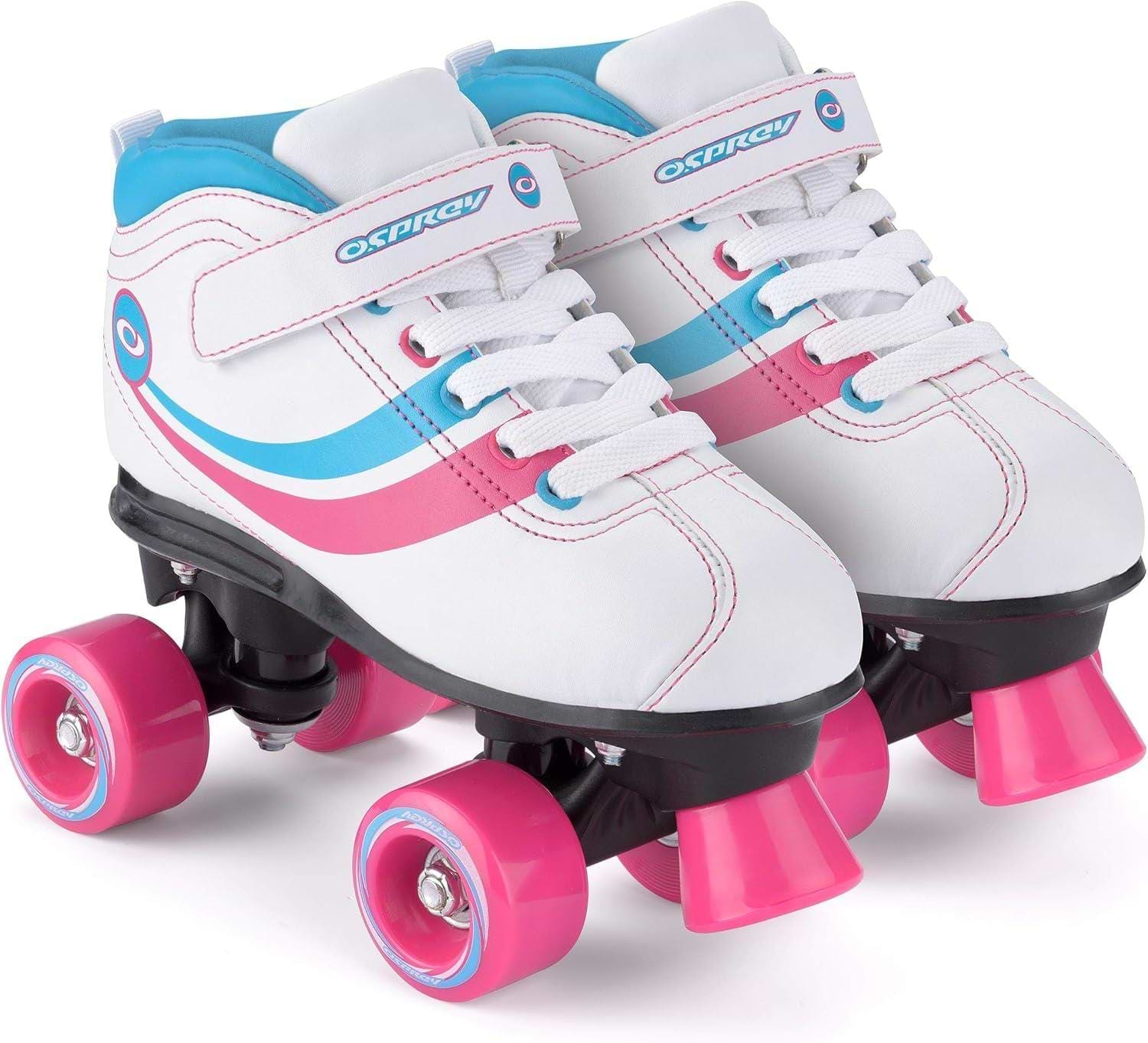 Osprey Disco Quad Roller Skates - White by Osprey feature white uppers, pink wheels, pink/blue stripes, blue accents, white laces, Velcro straps, black soles, and toe stops—great for indoor or outdoor skating.
