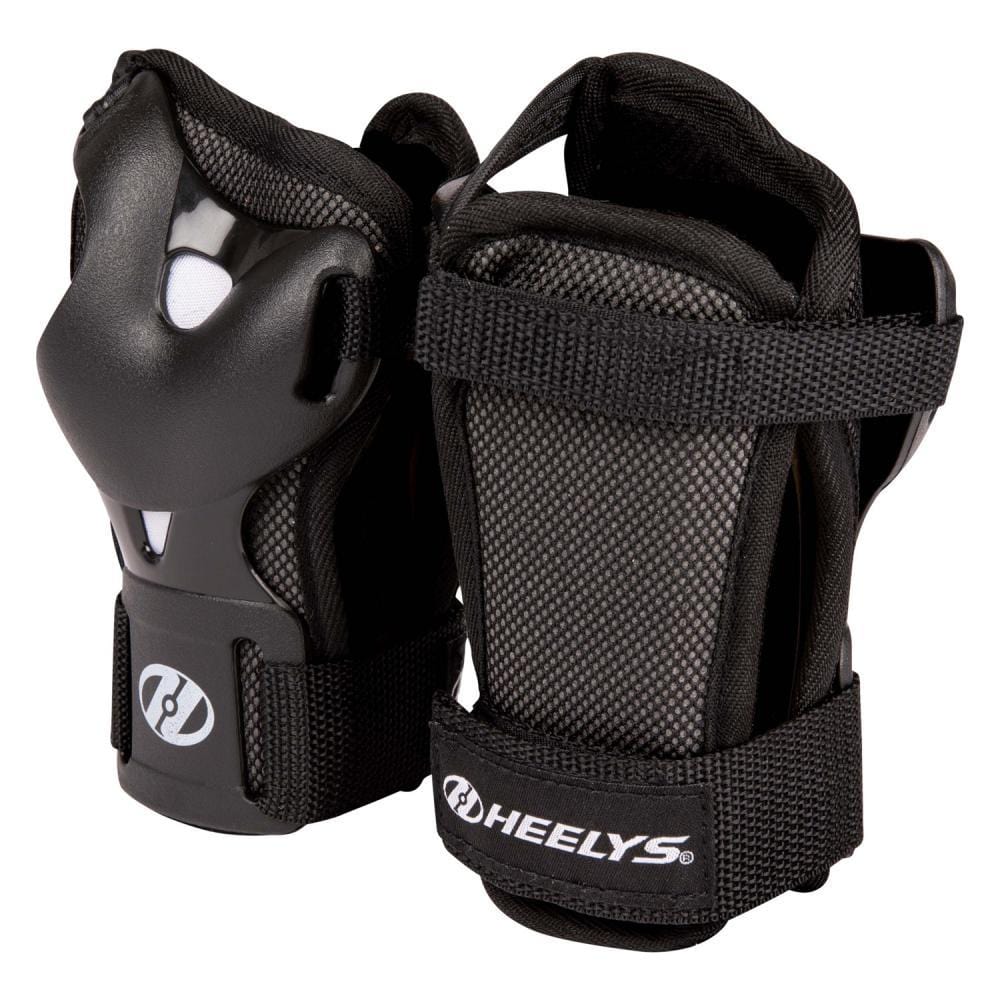 The Heelys F2 Junior Triple Skate Protection Pad Set in black/white, featuring adjustable straps, shock-absorbing EPE foam, and hard protective shells from Heelys, is shown standing upright against a white background.