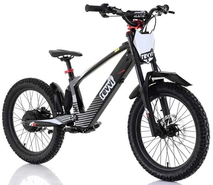 The Revvi 20" Kids Electric Balance Bike - Black features a sturdy frame, thick off-road rubber air-filled tires, and a front suspension fork. The bike exhibits "Revvi" branding on the frame and handlebar grips, making it ideal for tackling challenging terrains.