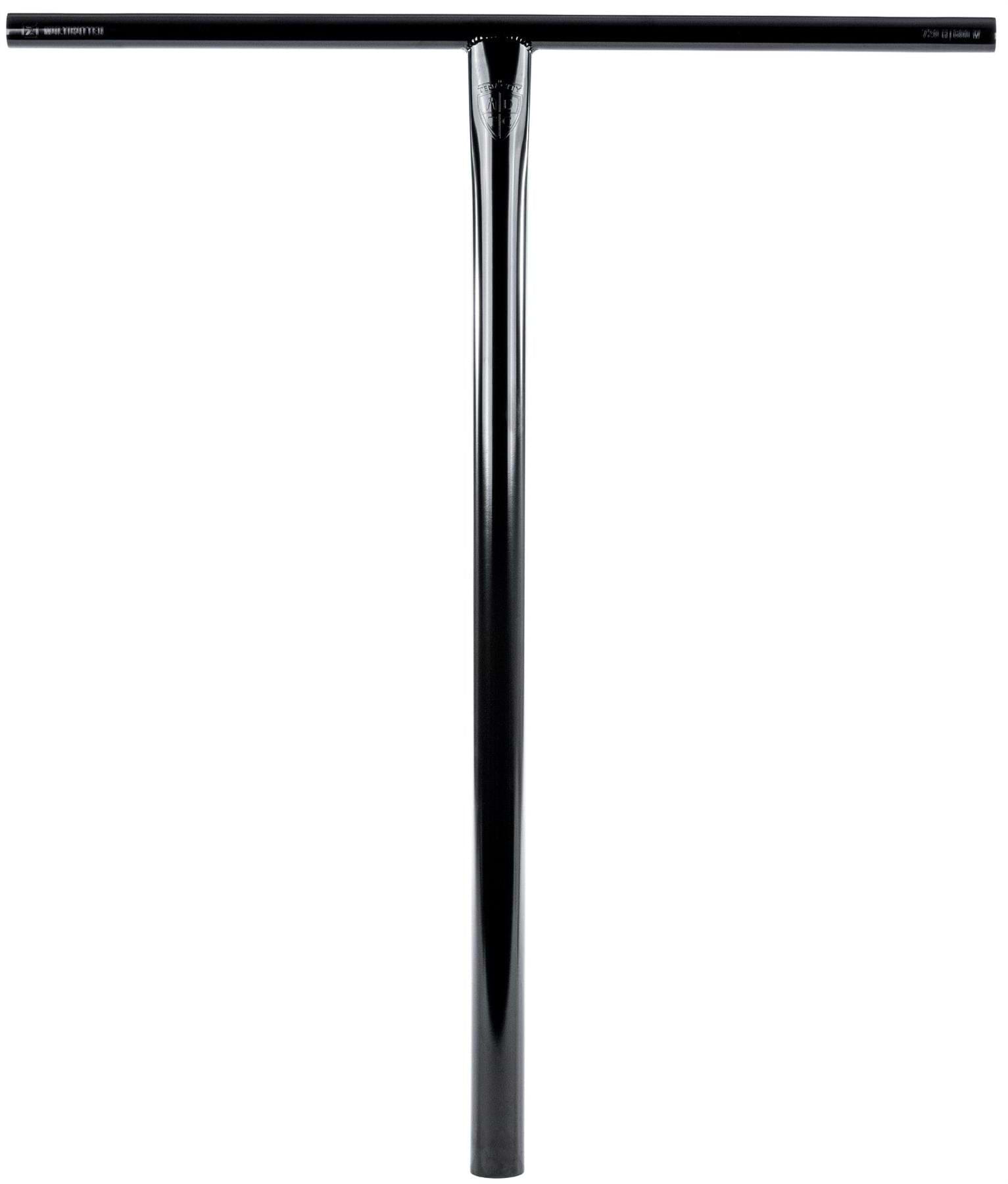 The Ethic DTC Tenacity V2 Steel Oversized HIC Stunt Scooter T-Bars in Black Mirror (620mm x 600mm) are lightweight, glossy black T-shaped handlebars with a straight crossbar and cylindrical stem, perfect for stunt scooter setups.