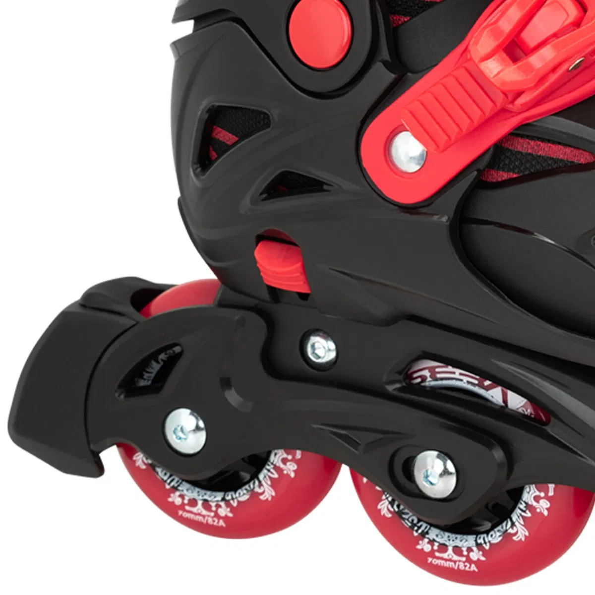 Close-up of Seba STJ Junior Adjustable Inline Skates in black/red, featuring a plastic frame, red securing buckle, and two red wheels with white graphics—ideal for kids or beginner skaters. Brand: Seba.