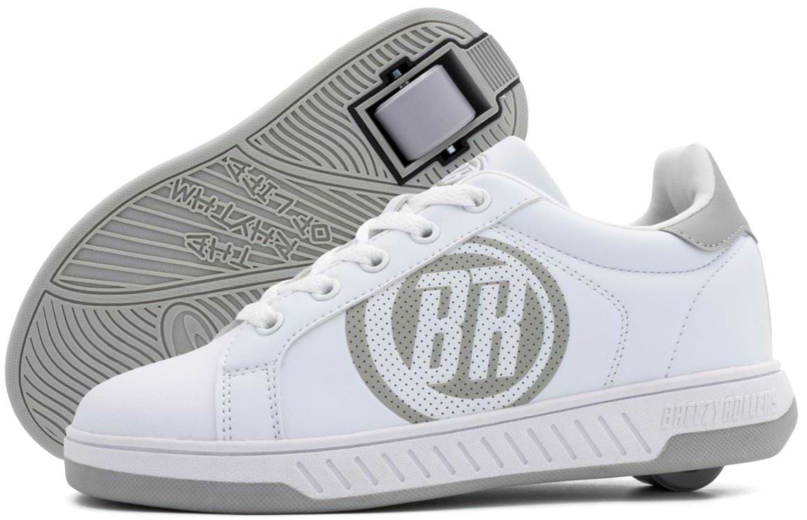 The Breezy Rollers Classic Shoes in White/Grey feature a retractable heel wheel, perforated circular logo on the side, and stylized sole patterns.