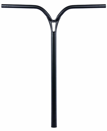 The Ethic DTC Deildegast V2 Steel Oversized HIC Stunt Scooter Bars in black (670mm x 600mm) feature a Y-shaped design with a support gusset, made from strong 4130 Chromoly Steel and shown on a white background.